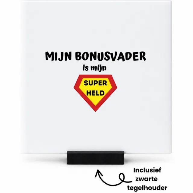 Hacebo mijn bonusvader is mijn superheld tegeltje met tegelhouder - Papa - super bonusvader - tegeltjes met tekst - vader cadeautjes - vaderdag - verjaardag - geschenk - kado - spreuktegels - 10.8x10.8 CM Wit