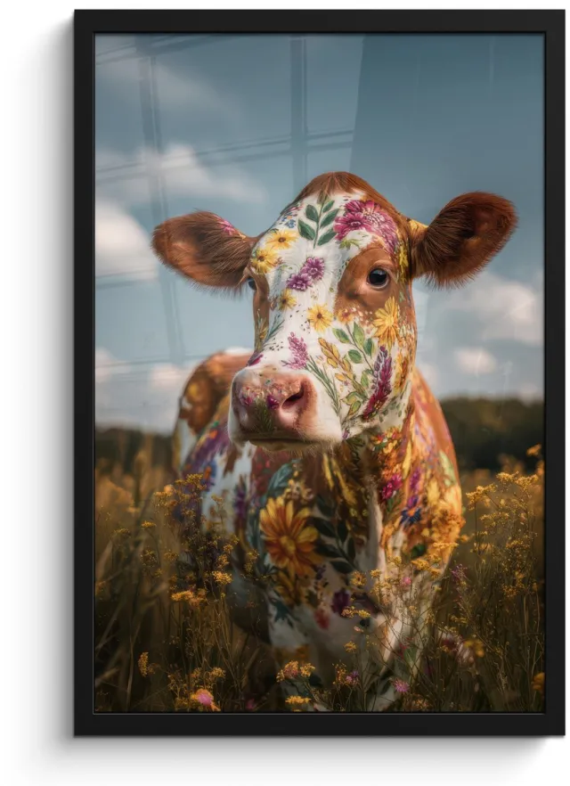 FrameYourWall Poster in lijst - Fotolijst 40x60 cm - Posters - Koe - Bloemen - Weiland - Posterlijst zwart - Decoratie - Wanddecoratie woonkamer - Muurdecoratie slaapkamer