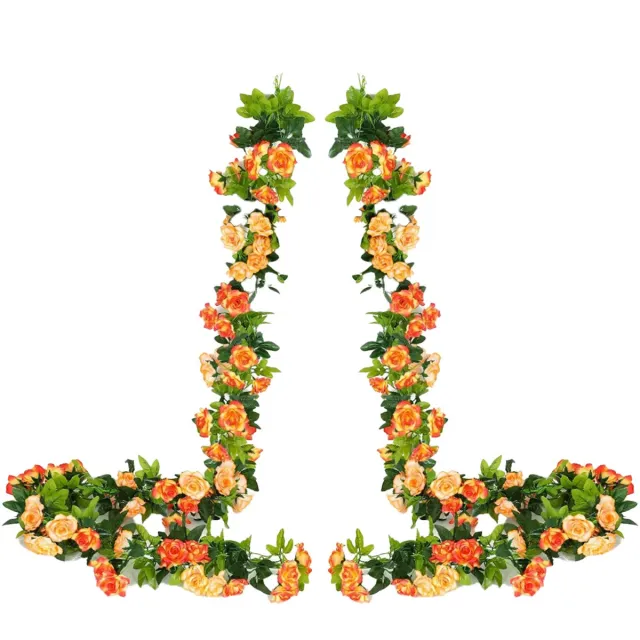 JeiibrZui Rode Bloemenslinger - Oranje Bloemenkrans - Tweekleurige Zijden Rozen Decoratie voor Buitenshuis en Thuis - 2 Stuks - Bruiloft/Entree/Rood Rood en Oranje