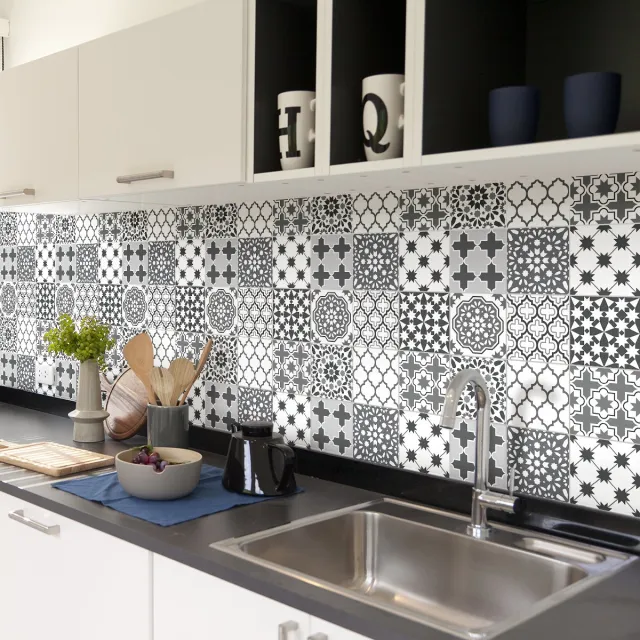 Ambiance Sticker Zelfklevende muurstickers in tegelpatroon voor keuken en badkamer - 60 cementtegelstickers, Azulejos Armandino-stijl - 60 stickers, 15x15 cm Multi color