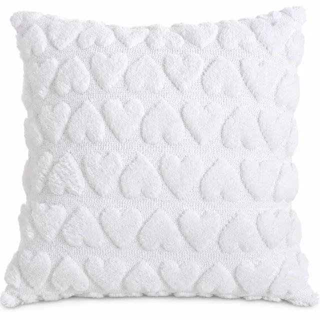 SWGOTA Witte pluche kussenhoes 45 x 45 cm met hartjesreliëf - Enkelzijdig, vierkant, voor bank, stoel of bed - Zonder binnenkussen