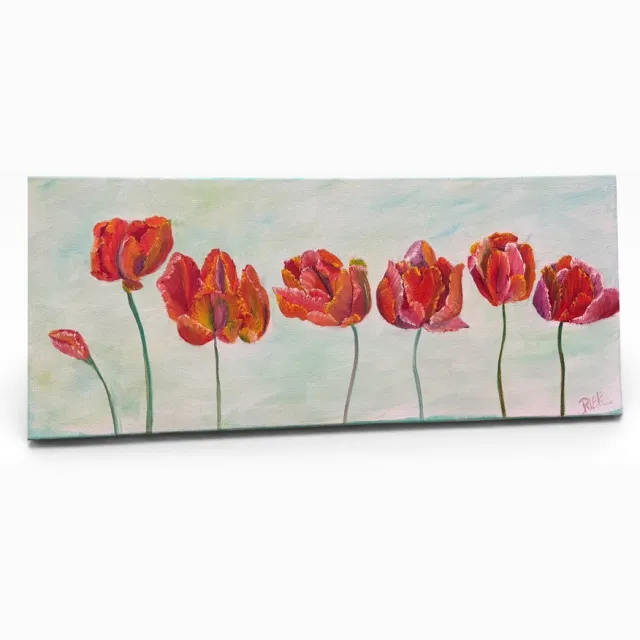 Galerie de voorst Kleurrijk Olieverfschilderij Tulpen – Handgeschilderd door Riek van de Bor – 70 × 29,5 cm multicolor