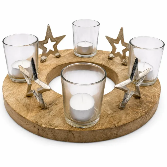 WDMT Teakhouten Waxinelichthouder Ster Ø 30 cm – Houten Theelichthouder met 4 Glazen Waxinehouders – Landelijke Tafeldecoratie en Kerstdecoratie – Bruin