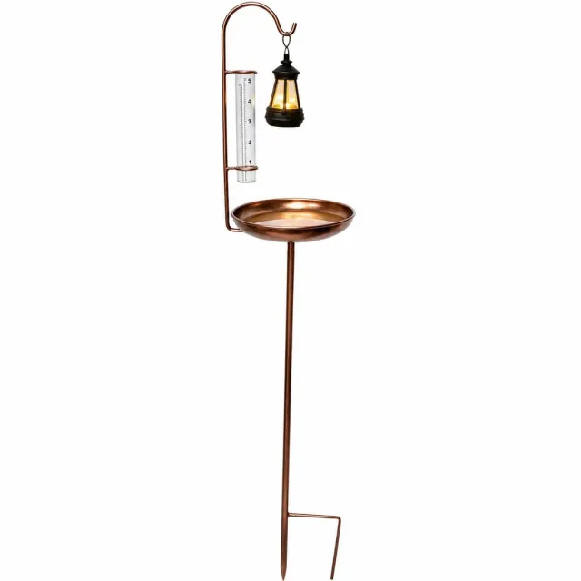 Bobypet Regenmeter - 3-in-1 Solar Tuinsteker met Vogelbad en Tuinverlichting - Glazen Regenmeter 12 cm voor Tuin en Gazon - Antiek Brons Metaal