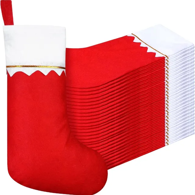KZQ 24 Stuks Kerstkous – Rode Kerstkous van vliesmateriaal – Kerstkousen hangend – Geschikt om op te hangen aan de open haard of in de kerstboom en te vullen met cadeautjes van de Kerstman rood
