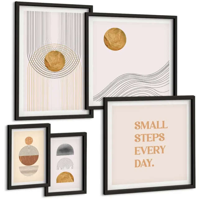 Coloray 5-Delige Schilderij Set - Abstracte Composities Met Geometrische Vormen En Tekst - 50 x 50 cm, 20 x 30 cm En 40 x 60 cm - Decoratieve Schilderijen - Woonkamer - Interieur - Moderne Wanddecoratie Zwarte lijst