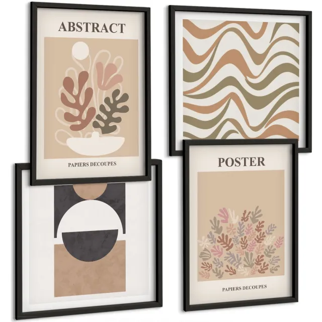 Coloray 4-Delige Schilderij Set - Abstracte Vormen En Patronen In Gedempte Kleuren. - 40 x 40 cm En 40 x 60 cm - Wanddecoratie - Woonkamer Decoratie - Interieur Decoratie Zwarte lijst