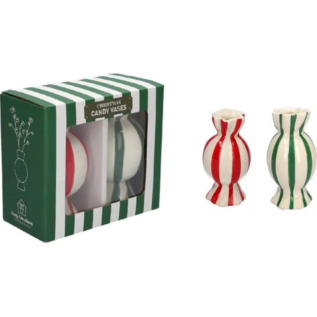Cosy Creations Cozy Creations Cadeauset / giftset kaarsenhouders candy 2 stuks groen/rood 6x11.5cm rood / groen