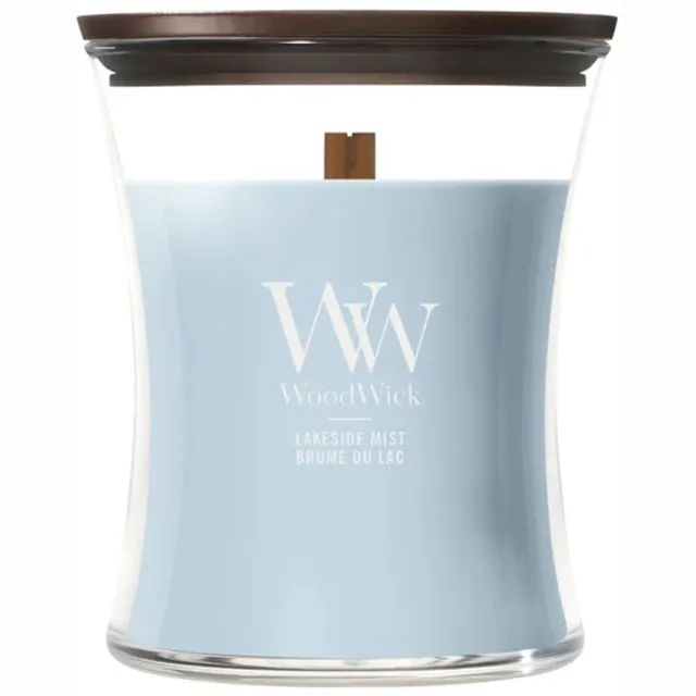 Woodwick Hourglass - Lakeside Mist - Medium Geurkaars - 60 branduren Blauw