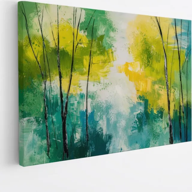 Saammp Canvas Schilderij - Bomen - Geel -Blauw - Groen - Bloemen - Landschap - Natuur - 60x40 - Foto op canvas - Wanddecoratie - Muurdecoratie Woonkamer - Slaapkamer decoratie - Canvas Print