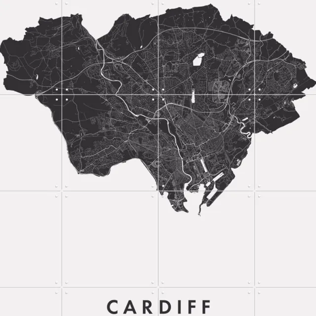 IXXI Cardiff City Map, Kunst in Kaart - 80 x 100 cm - Grote wanddecoratie en posters - Minimalisme, Technische Tekening, Grafisch Ontwerp Zwart en wit / Monochroom / Zwart