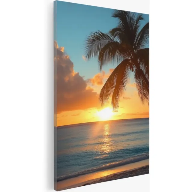 Saammp Canvas Schilderij - Tropisch strand - Zee met zonsondergang - Palmboom - 30x45 - Foto op canvas - Wanddecoratie - muurdecoratie Woonkamer - Slaapkamer decoratie - Canvas Print Multicolor