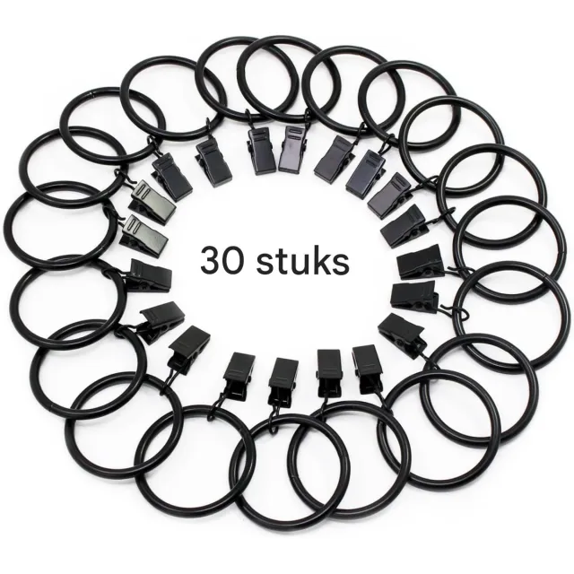 GelldG Gordijnclips - Gordijnringen met clips - Gordijnringen met clips en haken - Zwart - 30 stuks - 32 mm