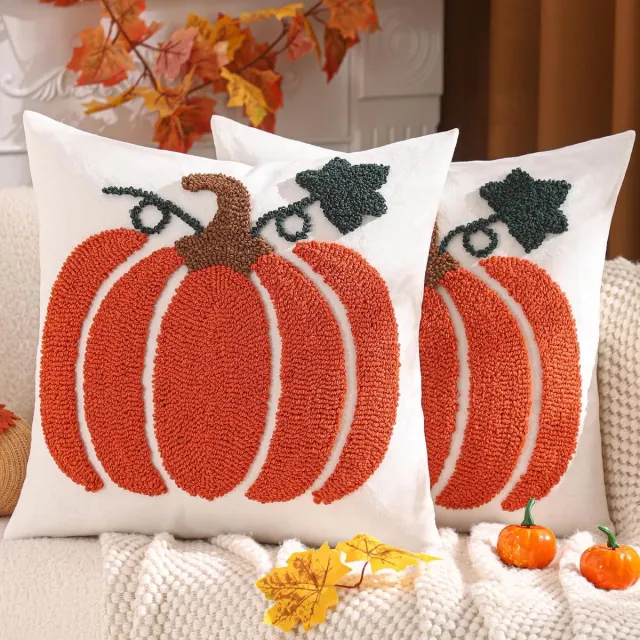 ZVD Herfst-sierkussenhoezen – 45x45 cm – Set van 2 – Halloween-decoratie – Geborduurd ontwerp – Verborgen ritssluiting – Geschikt voor Thanksgiving-feesten en herfstinterieur – Oranje pompoenstijl