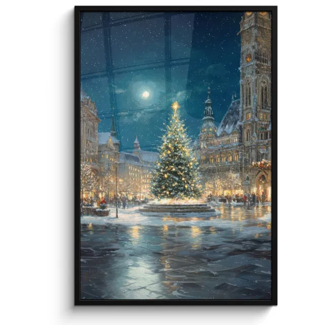 FrameYourWall Poster in lijst - Fotolijst 80x120 cm - Posters - Kerstnacht - Stadsplein - Meerkleurig - Posterlijst zwart - Decoratie - Wanddecoratie woonkamer - Muurdecoratie slaapkamer - Kerstversiering - Kerstdecoratie voor binnen - Kerstmis