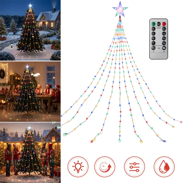 JIMUYU LED Kerstverlichting met 9 Snoeren en 198 LED-Lampjes - 8 Lichtstanden, 4 Helderheidsniveaus, Timer en Afstandsbediening - USB Sfeerverlichting
