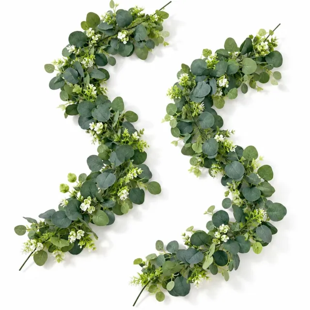 YYchan Kunstplant Eucalyptus Slinger met Witte Bloemen - Set van 2 - Groen