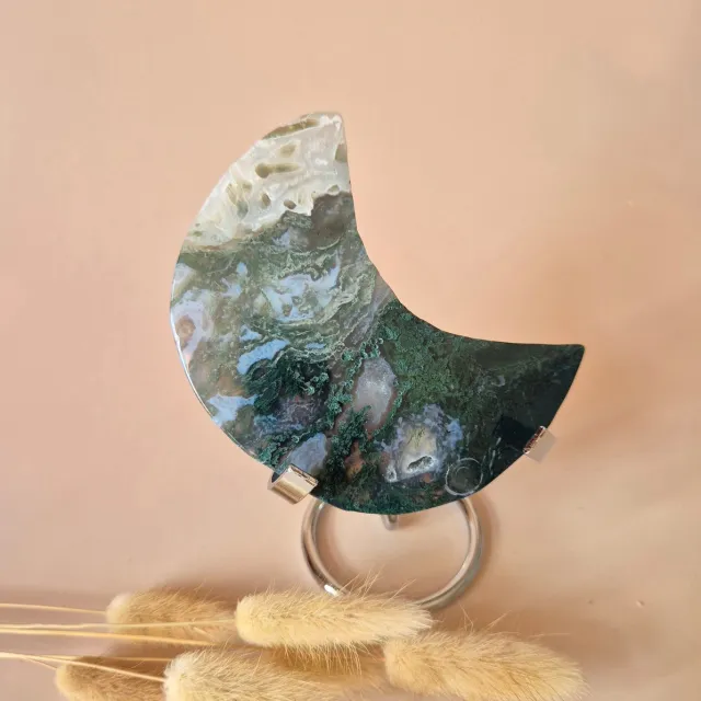 Moonlight Gemstones XL Edelsteen Mosagaat Maan op Standaard (Druzy & Patronen) #173 - 240g