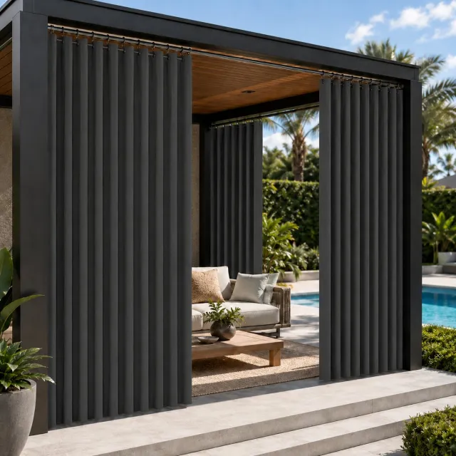 MUPOO Buitengordijn Extra Breed 254 cm - Buitengordijnen Waterdicht met Ringen - Privacy & Lichtwerend - Zonwerend Buiten Gordijn 230GSM - Outdoor Gordijn voor Terras, Veranda, Balkon en Schuifdeur - B254 cm x L244 cm - Donkergrijs - 2 stuks Donkergrijs-2 stuk