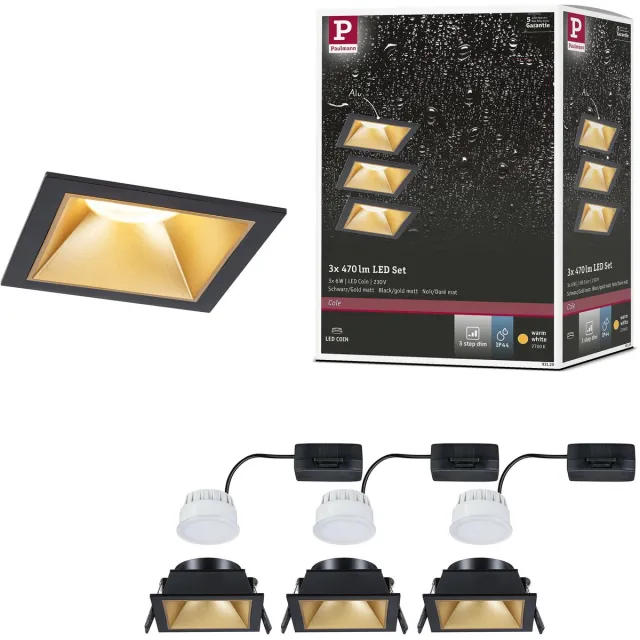 Paulmann LED-inbouwlamp 3-Step-Dim Cole Coin Set van 3 IP44 hoekig 88x88 mm Coin 3x6W 3x470lm 230V dimbaar 2700K Zwart, Goud mat