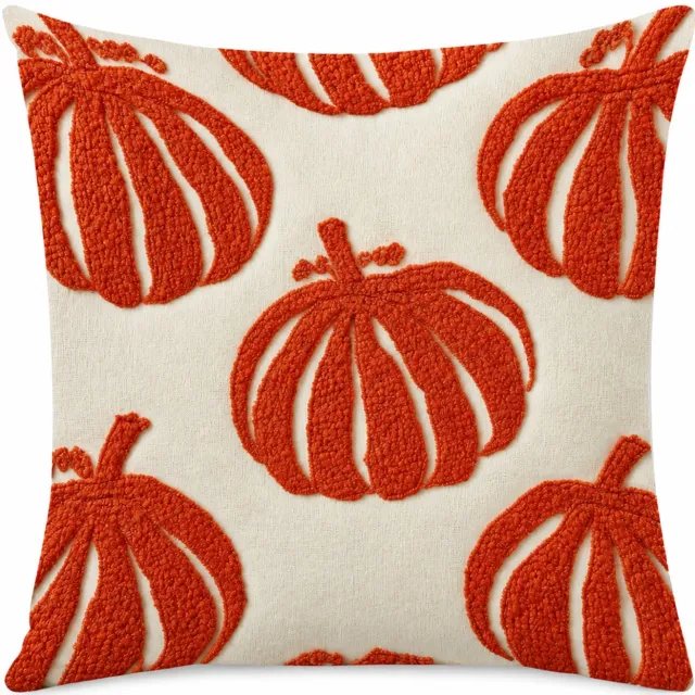 SWGOTA Linnen sierkussenhoes 45 x 45 cm met oranje pompoenmotief in reliëf op een crèmekleurige ondergrond voor bank of bed