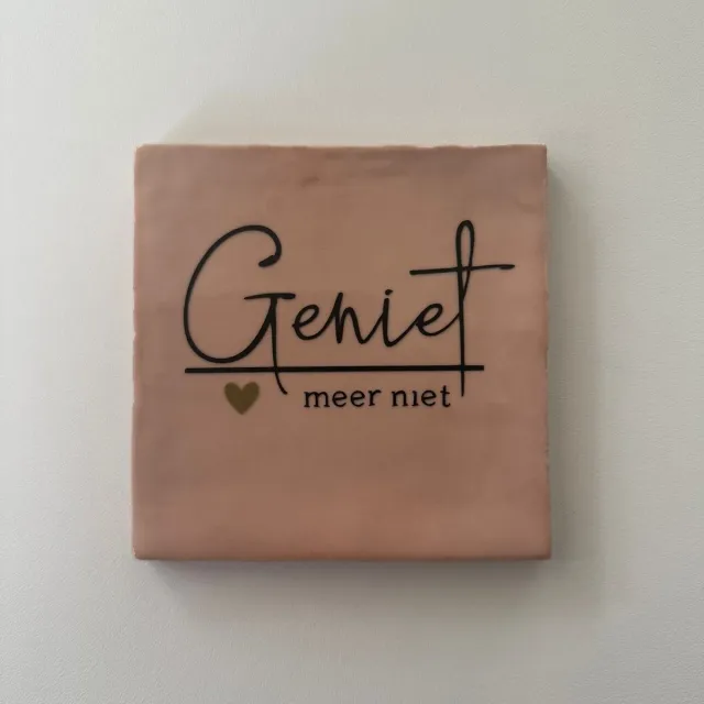 Geniet meer niet. (Roze tegeltje) - Zonder standaard - Spreuktegel - Tegeltje met tekst - Tegeltje met Spreuk - Cadeautje - Origineel cadeau - Cadeau Pensioen