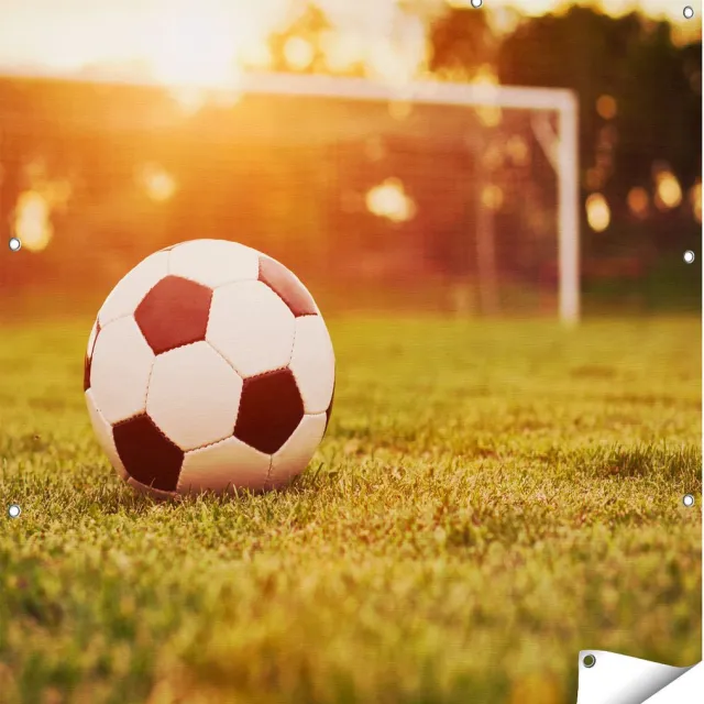 Gards Tuinposter Voetbal met Goal tijdens Zonsondergang - 110x110 cm - Tuindoek - Tuindecoratie - Wanddecoratie buiten - Tuinschilderij Multikleur