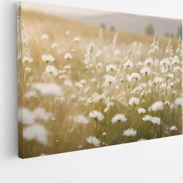 Saammp Canvas Schilderij - Landschap - Wit - Bloemen van dichtbij - Natuur - 60x40 - Foto op canvas - Wanddecoratie - Muurdecoratie Woonkamer - Slaapkamer decoratie - Canvas Print Multicolor