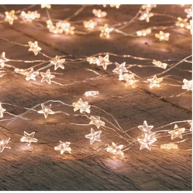 Anna's Collection Draadverlichting - 3x - 20 led lampjes - sterren - warm wit - 100 cm - batterij - timer - lichtsnoer - zilverdraad - Sfeerverlichting