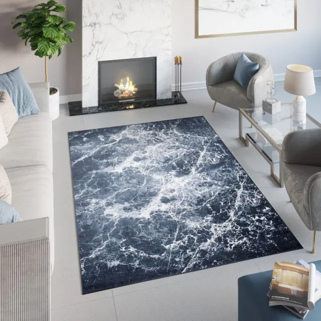 Tapiso Toscana Vloerkleed Grijs Blauw Marineblauw Marmer Tapijt