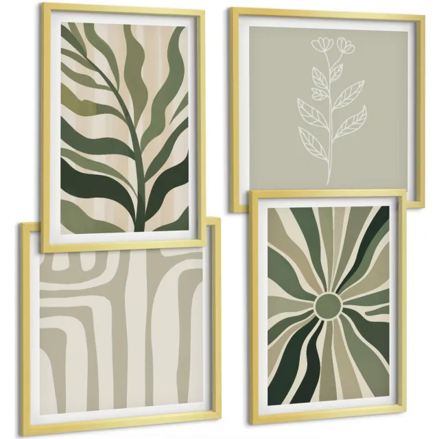 TULUP 4-Delige Schilderij Set - Plantenpatronen in minimalistische groene tinten - 40 x 40 cm en 40 x 60 cm - Stijlvolle Muurdecoratie - Kantoor - Wanddecoratie Gouden lijst
