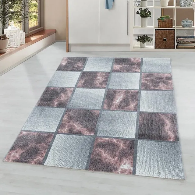 Adana Carpets Kortpolig vloerkleed, geruit patroon, roze, woonkamerkleed, jute achterkant, afmeting: 140 x 200 cm Grijs,Roze