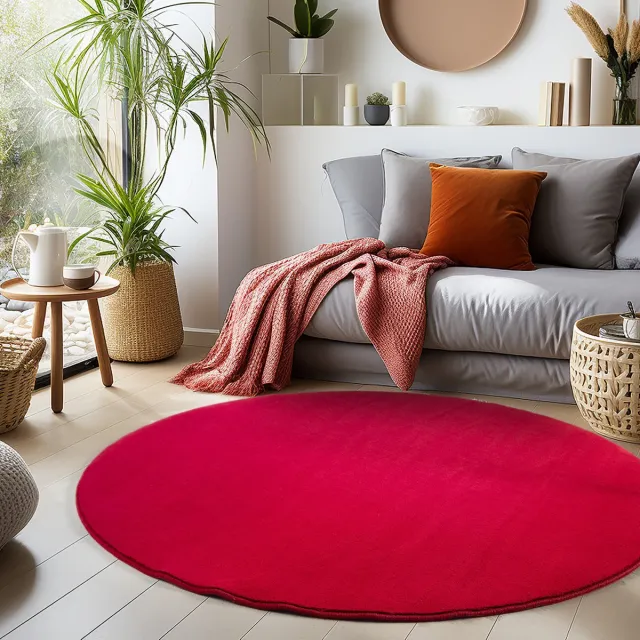 Muratap Sky Soft Uni Basic - Rond Vloerkleed - Laagpolig - Effen Kleur - Rood - Woonkamer Tapijt- 120 CM Ø