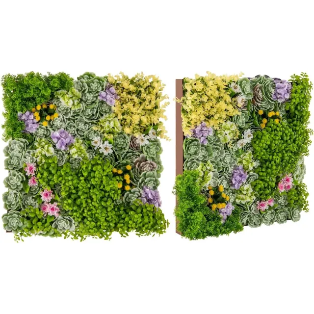 KOMFOTTEU Kunstplantenwand, 2 stuks, 50 x 50 cm, kunstplantenwand met verschillende kunstplanten, uv-bescherming, wandpanelen, kunstplanten, wandplant voor muur en tuin (met bladeren en bloemen) bruin