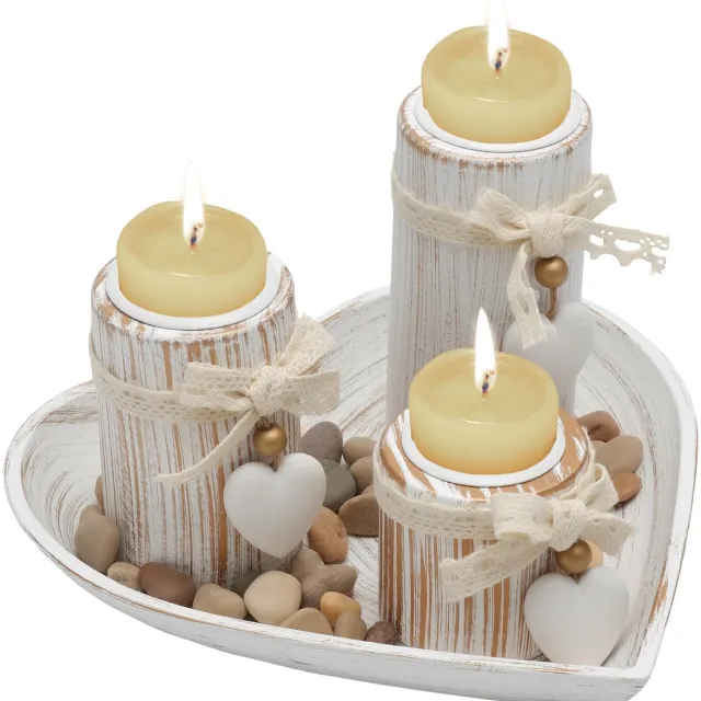 Famanu Houten kaarsenstandaard set van 3 met dienblad en doe-het-zelf hangers voor decoratie Naturel