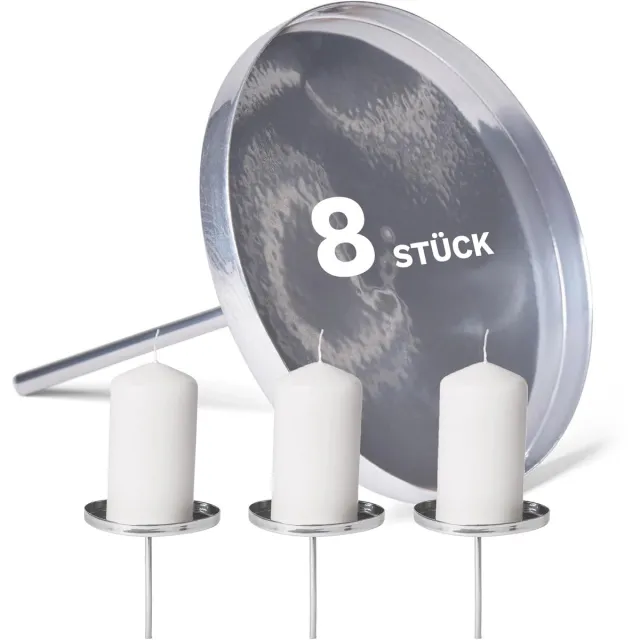 Novaliv 8x kaarsenmondstuk zonder doorn 9cm zilveren kaarsenplaat ter decoratie Adventskrans decoratiestokje Adventskaarsenhouder kaarsenhouder metalen ronde kaarsenstok Kerstdecoratie kaarsenhouder