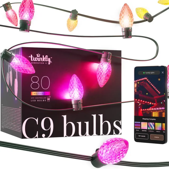 Twinkly C9 lampen - App gestuurde - LED-lichtslinger met 80 RGB (16 miljoen kleuren) LED's - 24,4m - Groene kabel - Slimme buitenverlichting