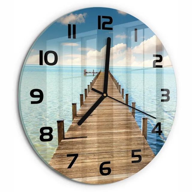 TULUP Wandklok - Houten brug Decoratieve Glazen Klok - fi30 cm - Blauw Glazen Wandklok Design - Zwarte handen - Ronde Klok - Glazen Klok Met Print - Wandklok Glas Met Motief