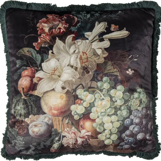 Clayre & Eef Sierkussen 45x45 cm Zwart Synthetisch Vierkant Bloemen en fruit Kussenhoes met Kussenvulling