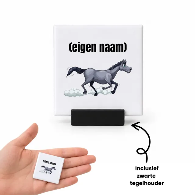 Hacebo rennend paard met eigen naam tegeltje met tegelhouder - Paarden - dieren liefhebber - tegeltjes met tekst - iemand die houdt van paarden - verjaardag - cadeau - kado - geschenk - spreuktegels - 4.8x4.8 CM Wit