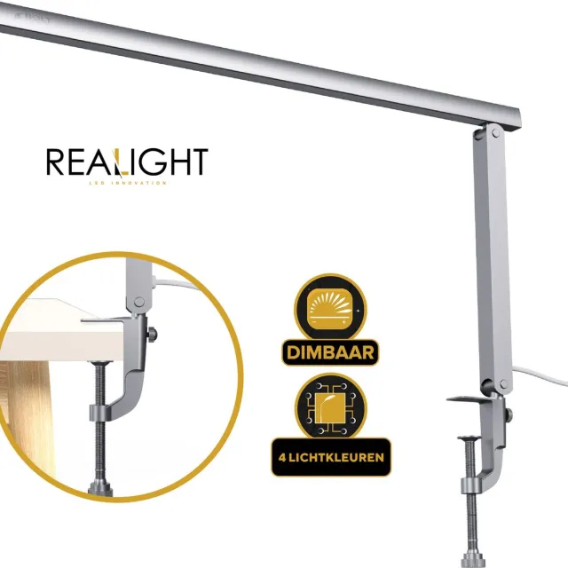 Realight dimbare bureaulamp – Krachtige LED Lamp met 4 Lichtkleuren – Gemakkelijk te bevestigen op bureaus tot 6 cm dik – 360° Rotatie – LED lichten – Licht aluminium – 8 Watt - Zilver Silver