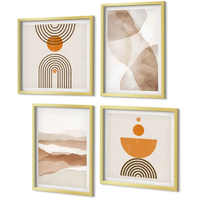 Coloray 4-Delige Schilderij Set - Structuren in verschillende tinten minimalisme - 40 x 40 cm en 40 x 60 cm - Wanddecoratie - Schilderijen Set - Kantoor - Woonkamer Decoratie Gouden lijst