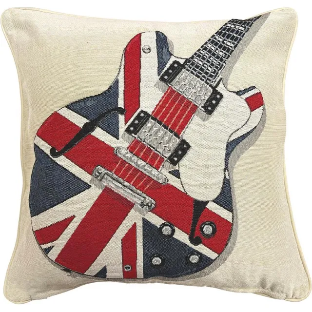 Signare Kussenhoes - luxe gobelinstof - Bulldog - Union Jack - Engelse vlag met gitaar blauw