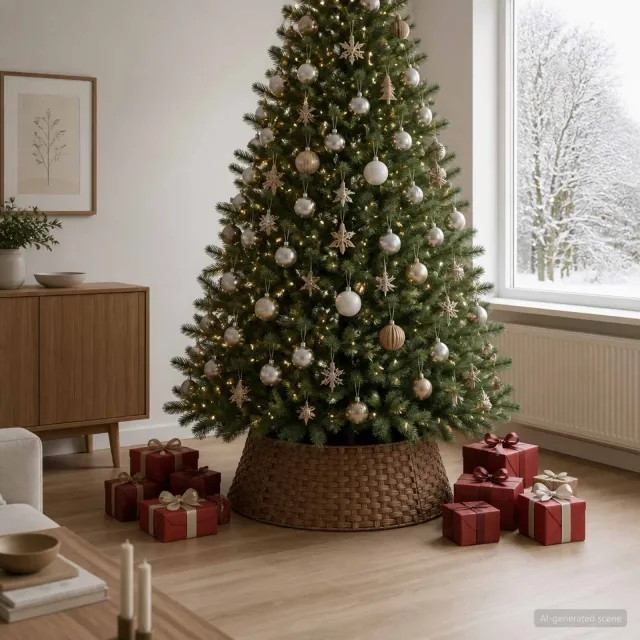 vidaXL Kerstboomkraag Rond Licht Bruin Dia. 105 x 28 cm poly rattan