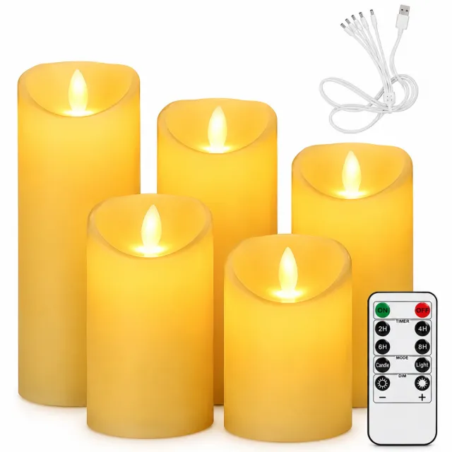 SWGOTA led kaarsen, 5-delige oplaadbare set met afstandsbediening, warm licht en USB-oplaadkabel voor bruiloften en feestdecoratie Wit