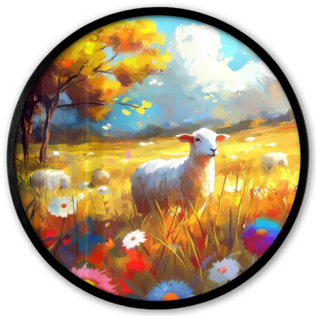 FrameYourWall Poster in lijst Rond - Fotolijst 40x40 cm - Posters - Schaap - Weide - Bloemen - Ronde posterlijst zwart - Decoratie - Wanddecoratie woonkamer - Muurdecoratie slaapkamer
