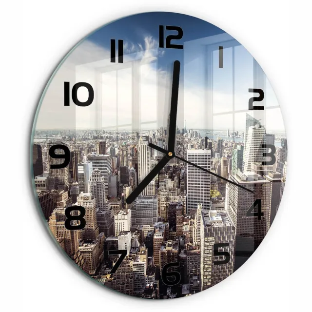TULUP Wandklok - New York Moderne Wandklok Glas - fi30 cm - Blauw Wandklok Glas Decoratie - Zwarte handen - Ronde Klok - Glazen Wandklok Design - Klok Glas Met Opdruk