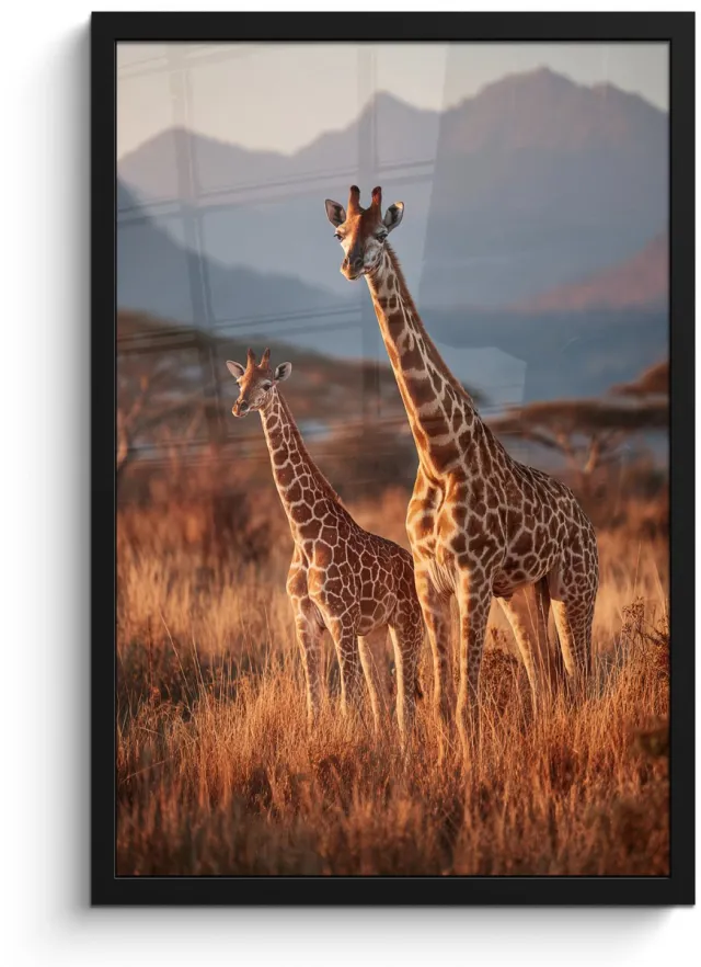 FrameYourWall Poster in lijst - Fotolijst 40x60 cm - Posters - Giraffen - Hoog gras - Acaciabomen - Posterlijst zwart - Decoratie - Wanddecoratie woonkamer - Muurdecoratie slaapkamer