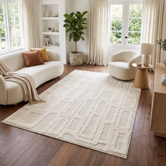 Tapiso Relievo Vloerkleed Geometrisch - 3D Hoog-Laag Structuur - Modern Tapijt voor Woonkamer en Slaapkamer - Ecru 140x200 Ecru Geometrisch