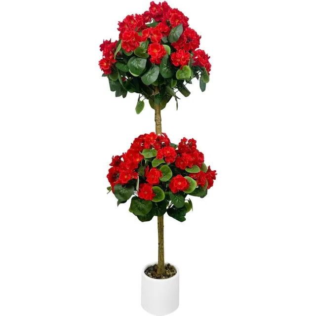 HOERFURIY Kunstmatige geranium-topiaryboom - 4 voet hoge, realistische kunstbloemenboom - zijden geraniumbloemen - 120 cm - rood